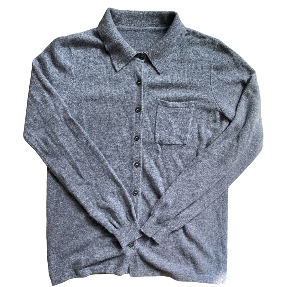 Superfine Merino Wool Gray Button-Up Cardigan with breast pocket and collar
